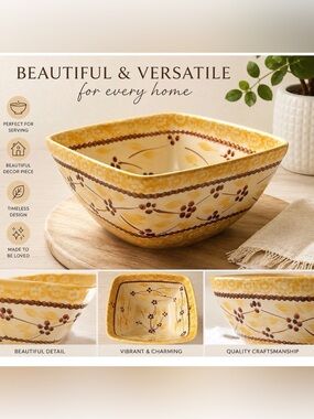 Temptations by Tara Old World Yellow 6" Square 1.0 Quart Mixing Serving Bowl